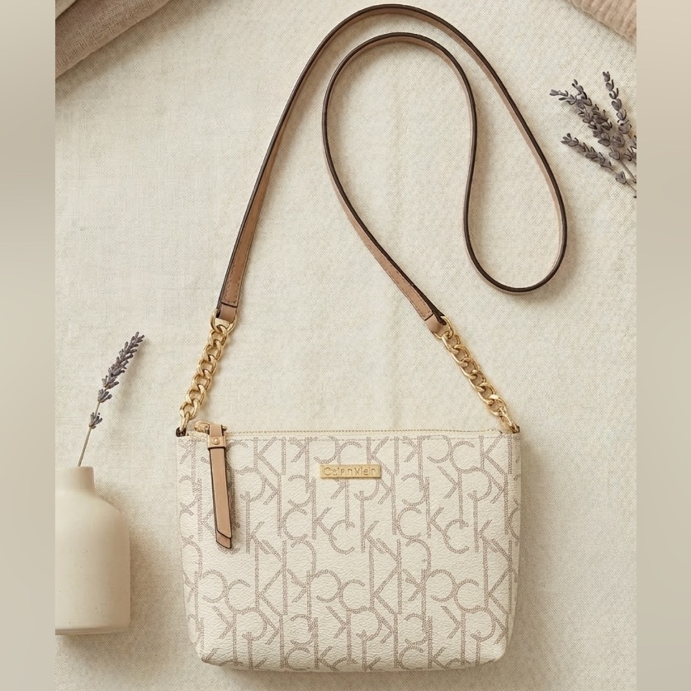788 Calvin Klein Beige and Gold Monogram Crossbody Bag Small Shoulder Purse OS
